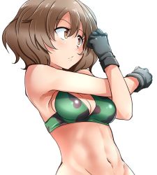Rule 34 | 10s, 1girl, abs, akiyama yukari, alternate costume, armpits, bikini, bikini top only, black gloves, breasts, brown eyes, brown hair, camouflage, camouflage bikini top, cleavage, closed mouth, commentary, frown, girls und panzer, gloves, green bikini, kitayama miuki, looking to the side, medium breasts, messy hair, navel, short hair, simple background, solo, standing, stretching, swimsuit, upper body, white background