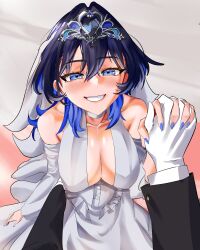 Rule 34 | 1boy, 1girl, absurdres, bare shoulders, blue eyes, blue hair, blush, breasts, bridal veil, cleavage, detached sleeves, dress, gloves, hair intakes, hair ornament, highres, hololive, hololive english, koizumi arata, large breasts, long hair, looking at viewer, multicolored hair, ouro kronii, smile, strapless, strapless dress, tiara, veil, virtual youtuber, wedding dress, white dress, white gloves