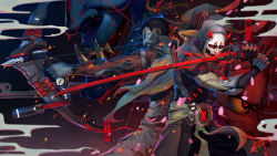 Rule 34 | 2boys, alternate costume, arrow (projectile), back-to-back, bow (weapon), brothers, colored skin, fighting stance, genji (overwatch), glowing, glowing eyes, grey skin, hanzo (overwatch), highres, hood, looking at viewer, male focus, mask, multiple boys, official alternate costume, oni, oni mask, overwatch, overwatch 1, siblings, squidsmith, sword, tattoo, weapon