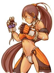 Rule 34 | 00s, 1girl, armband, bandages, bandaid, bare shoulders, boots, breasts, brown hair, dungeon and fighter, earrings, female focus, fighter (dungeon and fighter), gloves, jewelry, long hair, midriff, navel, ponytail, shorts, simple background, solo, very long hair, white background