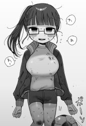 Rule 34 | 1girl, arms at sides, bags under eyes, ball, blunt bangs, blush stickers, breasts, character name, commentary request, dirty, dirty clothes, feet out of frame, glasses, greyscale, highres, impossible clothes, impossible shirt, jacket, large breasts, long hair, long sleeves, looking at viewer, messy hair, monochrome, motion lines, nervous smile, open clothes, open jacket, open mouth, ponytail, scraped knee, semi-rimless eyewear, shinigami dot com, shirt, short shorts, shorts, simple background, smile, soccer ball, solo, speech bubble, standing, sweat, thigh gap, toukyou tama, track jacket, translation request, yasashii naizou