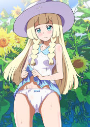 Rule 34 | 1girl, blonde hair, blue eyes, blunt bangs, blush, bow, bow panties, braid, breasts, cameltoe, clothes lift, creatures (company), cropped legs, day, dress, dress lift, embarrassed, flower, game freak, hat, lifted by self, lillie (pokemon), long hair, looking at viewer, md5 mismatch, navel, nintendo, panties, pokemon, pokemon sm, revision, shiny skin, skirt, skirt lift, sleeveless, sleeveless dress, small breasts, solo, standing, sun hat, sundress, sunflower, sweat, twin braids, underwear, washizuka shou, white dress, white hat, white panties