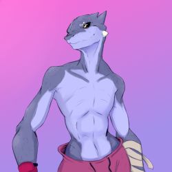 Rule 34 | 1girl, bandaged arm, bandages, black sclera, colored sclera, flat chest, furry, looking up, reptile, reptile girl, topless, topless female