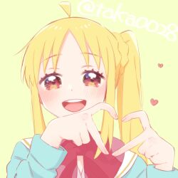 Rule 34 | 1girl, ahoge, blonde hair, blush, bocchi the rock!, bow, bowtie, commentary, commission, hands up, heart, heart hands, ijichi nijika, long hair, long sleeves, looking at viewer, open mouth, portrait, red bow, red bowtie, red eyes, side ponytail, sidelocks, simple background, smile, solo, taka0028, teeth, twitter username, upper teeth only, yellow background