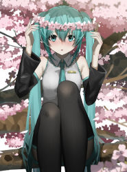 Rule 34 | 1girl, absurdres, blue eyes, blue hair, blush, cherry blossoms, chestnut mouth, collared shirt, detached sleeves, hands up, hatsune miku, head wreath, highres, in tree, knees up, long hair, long sleeves, looking at viewer, nail polish, necktie, pantyhose, parted lips, shirt, sitting, sitting in tree, skirt, sleeveless, sleeveless shirt, socks over pantyhose, solo, thighhighs, tree, twintails, upin 0520, very long hair, vocaloid