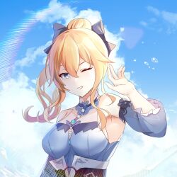 Rule 34 | 1girl, bare shoulders, blonde hair, blue eyes, blue shirt, blue sky, breasts, cloud, commentary request, day, detached sleeves, genshin impact, grin, highres, jean (genshin impact), jean (sea breeze dandelion) (genshin impact), large breasts, lingshalan, long hair, looking at viewer, official alternate costume, one eye closed, ponytail, shirt, sky, sleeveless, sleeveless shirt, smile, solo, upper body