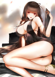 Rule 34 | 1girl, absurdres, ahoge, an yasuri, ass, bad id, bad pixiv id, black panties, blush, breasts, brown hair, cleavage, commentary, dress, dsr-50 (girls&#039; frontline), girls&#039; frontline, hair between eyes, hand up, high heels, highres, large breasts, long hair, looking at viewer, no bra, official alternate costume, open mouth, panties, see-through, sideboob, sitting, smile, solo, thighs, underwear, very long hair