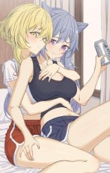 Rule 34 | 2girls, bare arms, bed sheet, bedroom, beer can, blonde hair, blush, breasts, can, dolphin shorts, double bun, drink can, genshin impact, hair bun, half-closed eyes, highres, hug, hug from behind, keqing (genshin impact), lumine (genshin impact), medium breasts, midriff, multiple girls, navel, o-los, on bed, purple eyes, purple hair, shirt, short shorts, short sleeves, shorts, sitting, sitting on lap, sitting on person, smile, tank top, white shirt, window, yellow eyes, yuri