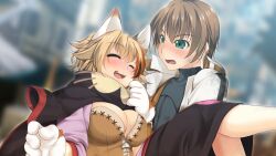 Rule 34 | 1boy, 1girl, ^ ^, alto travers, animal ears, animal hands, atelier-moo, blush, breasts, brown hair, carrying, cat ears, cat girl, cat paws, cleavage, closed eyes, closed mouth, fang, feline sora, gloves, green eyes, hair between eyes, handkerchief, highres, holding, large breasts, long sleeves, multicolored hair, open mouth, paw gloves, princess carry, short hair, smile, standing, streaked hair, town, wizards symphony