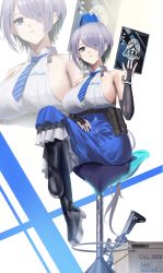 Rule 34 | 1girl, ammunition box, aruhi (pyxk7325), assault rifle, bare shoulders, belt pouch, black footwear, blue eyes, blue headwear, blue necktie, blue skirt, boots, breasts, brid (nikke), collarbone, collared shirt, commentary request, crossed legs, elbow gloves, frilled skirt, frills, full body, gloves, goddess of victory: nikke, gun, hair between eyes, hair over one eye, hand up, high-waist skirt, highres, holding, holding tablet pc, knee boots, large breasts, long hair, long skirt, looking at viewer, mole, mole on breast, necktie, parted lips, pouch, rifle, shadow, shirt, shoulder tattoo, sideboob, sidelocks, sitting, skirt, solo, striped necktie, tablet pc, tattoo, weapon, white background, white hair, zoom layer