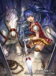 Rule 34 | 1girl, blue eyes, boots, chain, commentary request, copyright name, fire emblem, fire emblem: the sacred stones, fire emblem cipher, full body, gloves, indoors, long hair, nintendo, open mouth, pegasus, polearm, ponytail, sidelocks, skirt, spear, tana (fire emblem), thigh boots, thighhighs, uroko (mnr), weapon, white footwear, zettai ryouiki