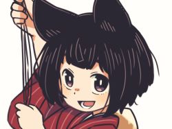 Rule 34 | 1girl, :d, animal ears, arm up, black hair, commentary request, fox ears, fox girl, fox tail, hand up, japanese clothes, kimono, kukuri (mawaru), looking at viewer, mawaru (mawaru), open mouth, original, purple eyes, red kimono, short hair, simple background, smile, solo, tail, unfinished, upper body, white background