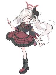 Rule 34 | 1girl, absurdres, black flower, black footwear, blue archive, blush, boots, flower, frills, full body, grey hair, hair flower, hair ornament, halo, highres, leg up, long hair, looking at viewer, mutsuki (blue archive), nrnroooo, one eye closed, open mouth, pink eyes, ponytail, side ponytail, simple background, skirt, solo, standing, standing on one leg, very long hair, white background