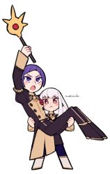 Rule 34 | 1boy, 1girl, artist name, blue legwear, carrying, do m kaeru, fire emblem, fire emblem: three houses, garreg mach monastery uniform, heroes relic (fire emblem), holding, holding staff, long hair, long sleeves, lorenz hellman gloucester, lysithea von ordelia, nintendo, open mouth, pink eyes, princess carry, purple eyes, purple hair, short hair, simple background, staff, thrysus (staff), white background, white hair