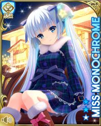 Rule 34 | 1girl, black dress, blue coat, blue eyes, blunt bangs, brown footwear, card, character name, closed mouth, coat, dress, girlfriend (kari), miss monochrome, miss monochrome (character), night, official art, outdoors, qp:flapper, sitting, smile, snow, solo, tagme, twintails, white hair, winter clothes, winter coat