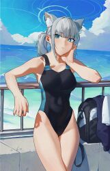 Rule 34 | 1girl, animal ear fluff, animal ears, bag, bare arms, bare shoulders, beach, black one-piece swimsuit, blue archive, blue eyes, blue sky, blush, breasts, cloud, commentary, competition swimsuit, covered navel, cross hair ornament, day, extra ears, fukaumi suichu, grey hair, hair ornament, halo, hand on own cheek, hand on own face, highleg, highleg swimsuit, highres, horizon, looking at viewer, medium breasts, medium hair, mismatched pupils, multicolored clothes, multicolored swimsuit, ocean, official alternate costume, one-piece swimsuit, outdoors, ponytail, railing, shiroko (blue archive), shiroko (swimsuit) (blue archive), sky, solo, swimsuit, water
