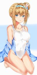 Rule 34 | 1girl, alternate costume, armpit crease, bad id, bad pixiv id, barefoot, blonde hair, blue eyes, blush, breasts, collarbone, commentary request, competition swimsuit, covered navel, fary5, girls&#039; frontline, groin, hair between eyes, hair ornament, hairband, highres, kneeling, long hair, looking at viewer, medium breasts, off shoulder, one-piece swimsuit, open mouth, shiny skin, sideboob, sidelocks, snowflake hair ornament, solo, suomi (girls&#039; frontline), swimsuit, thighs