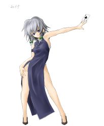 Rule 34 | 1girl, absurdres, ace (playing card), ace of spades, armpits, blue eyes, braid, card, china dress, chinese clothes, dress, female focus, highres, holding, holding card, izayoi sakuya, memento vivi, playing card, short hair, side slit, silver hair, simple background, solo, spade (shape), touhou, twin braids, white background