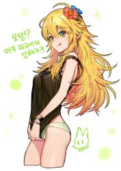 Rule 34 | 1girl, :q, artist name, bad id, bad twitter id, blonde hair, bracelet, cowboy shot, cropped legs, flower, from side, green eyes, green panties, hair between eyes, hair flower, hair ornament, hoshii miki, idolmaster, idolmaster (classic), jewelry, korean text, long hair, necklace, no pants, panties, rod (rod4817), shirt tug, simple background, solo, strap slip, tank top, tongue, tongue out, underwear, watch, white background, wristwatch