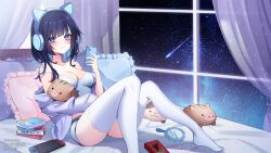 Rule 34 | 1girl, animal ear headphones, animal ears, bed, bed sheet, black hair, blue camisole, blue hair, blush, book, book stack, breasts, camisole, cellphone, cleavage, collarbone, colored inner hair, commentary request, curtains, eneru (enepuni), fake animal ears, headphones, highres, holding, holding phone, holding stuffed toy, indoors, jacket, long hair, looking at viewer, medium breasts, meteor, mirror, multicolored hair, night, night sky, nintendo switch, on bed, original, phone, pillow, purple eyes, purple jacket, scenery, short shorts, shorts, sidelocks, sitting, sky, sleepwear, smartphone, smile, solo, star (sky), starry sky, stuffed toy, thighhighs, two-tone hair, white thighhighs, window