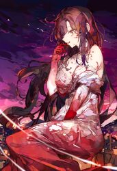 Rule 34 | 1girl, absurdres, bare shoulders, blood, blood on arm, blood on cheek, blood on chest, blood on clothes, blood on hands, blood on mouth, breasts, brown eyes, cleavage, cocoballking, commentary request, commission, decoration disorder disconnection, dress, highres, ishizue kanata, large breasts, licking, licking blood, licking finger, long hair, pixiv commission, purple hair, purple sky, sitting, sky, solo, very long hair, white dress