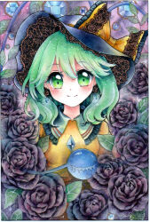 Rule 34 | 1girl, black flower, black hat, black rose, blush, breasts, buttons, closed mouth, commentary request, diamond button, earrings, flower, flower earrings, frilled shirt collar, frills, green eyes, grey hair, hat, hat ribbon, jewelry, komeiji koishi, looking at viewer, medium hair, mosho, ribbon, rose, shirt, small breasts, smile, solo, third eye, touhou, traditional media, yellow ribbon, yellow shirt