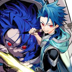 Rule 34 | 1boy, blue hair, braid, braided ponytail, cape, close-up, cu chulainn (fate), dagger, earrings, fate/grand order, fate/grand order arcade, fate (series), holding, holding staff, hood, hood down, hooded cape, jewelry, knife, long hair, looking at viewer, male focus, multiple views, red eyes, setanta (fate), smile, spiked hair, staff, tatsuta age, type-moon, weapon