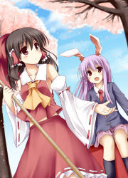 Rule 34 | 2girls, :o, animal ears, ascot, bamboo broom, bare shoulders, black legwear, blazer, blue sky, blurry, blush, bow, breasts, broom, brown hair, cherry blossoms, cleaning, cloud, collarbone, day, depth of field, detached sleeves, dutch angle, female focus, flat chest, frills, hair bow, hair tubes, hakurei reimu, hisae (hisae collect), jacket, japanese clothes, long hair, looking up, medium breasts, midriff, miko, multiple girls, necktie, open mouth, petals, pleated skirt, purple hair, rabbit ears, red eyes, red necktie, reisen udongein inaba, sitting, skirt, skirt set, sky, socks, touhou, tree, wide sleeves