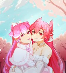 Rule 34 | 2girls, bao (vtuber), bao (vtuber) (3rd costume), bare shoulders, breasts, choker, cloud9, commentary, creator connection, dragon girl, dragon horns, hair between eyes, hair ornament, hairclip, heart, horns, hug, indie virtual youtuber, jewelry, lips, long hair, long sleeves, looking at viewer, medium breasts, multiple girls, necklace, outdoors, pink hair, ponytail, red eyes, sleeveless, thernz, upper body, vienna (vtuber), vienna (vtuber) (2nd costume), virtual youtuber