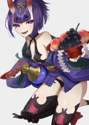 Rule 34 | 1girl, absurdres, alcohol, bare shoulders, blush, bob cut, breasts, collarbone, cup, eyeliner, fate/grand order, fate (series), headpiece, highres, horns, izanaware game, japanese clothes, kimono, long sleeves, looking at viewer, makeup, off shoulder, oni, open mouth, purple kimono, revealing clothes, sakazuki, sake, short eyebrows, shuten douji (fate), skin-covered horns, small breasts, smile, solo, thighs, wide sleeves
