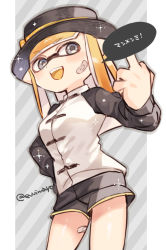 Rule 34 | 1girl, :d, bandaid, bandaid on leg, black hat, black shorts, blonde hair, breasts, colored tongue, grey eyes, hat, inkling, inkling girl, inkling player character, long hair, long sleeves, medium breasts, middle finger, nintendo, open mouth, pointy ears, shina shina, shorts, smile, solo, speech bubble, splatoon (series), teeth, tentacle hair, twitter username, yellow tongue