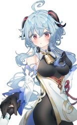 Rule 34 | 2girls, ahoge, bare shoulders, bell, black pantyhose, blue hair, blush, breasts, chibirisu, chinese knot, detached sleeves, flower knot, ganyu (genshin impact), genshin impact, gold trim, highres, holding hands, horns, long hair, looking at another, lumine (genshin impact), medium breasts, multiple girls, neck bell, pantyhose, parted lips, purple eyes, sidelocks, sweatdrop, white background, white sleeves
