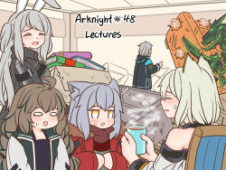 Rule 34 | 1boy, 4girls, :d, ^ ^, ahoge, animal ears, arknights, bare shoulders, beard, black jacket, black shirt, blush, book, breasts, brown hair, brown scarf, closed eyes, commentary, copyright name, couch, cuora (arknights), doctor (arknights), english commentary, english text, closed eyes, facial hair, flying sweatdrops, green hair, green jacket, grey hair, grey shirt, guin guin, hood, hood down, hooded jacket, indoors, jacket, kal&#039;tsit (arknights), male doctor (arknights), medium breasts, multicolored hair, multiple girls, mustache, off-shoulder jacket, off shoulder, open clothes, open jacket, open mouth, parted lips, projekt red (arknights), rabbit ears, red jacket, savage (arknights), scarf, shirt, sitting, smile, standing, streaked hair, sweat, two side up, white jacket, yellow eyes