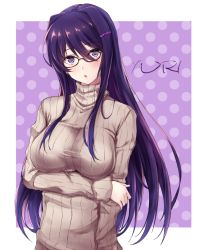 Rule 34 | 1girl, :o, arm at side, arm under breasts, beige sweater, bespectacled, blush, breasts, character name, doki doki literature club, glasses, hair between eyes, hair ornament, hairclip, large breasts, long hair, long sleeves, looking at viewer, open mouth, polka dot, polka dot background, purple background, purple eyes, purple hair, puru (ex-150), ribbed sweater, semi-rimless eyewear, sidelocks, simple background, solo, sweater, turtleneck, turtleneck sweater, under-rim eyewear, very long hair, yuri (doki doki literature club)