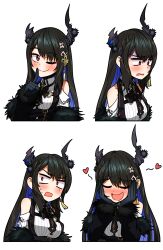 Rule 34 | 1boy, 1girl, absurdres, asymmetrical horns, bare shoulders, black gloves, black hair, blue hair, breasts, closed eyes, closed mouth, colored inner hair, ddolbang, demon horns, fur trim, gloves, hair ornament, highres, hololive, hololive english, horns, large breasts, long hair, looking at viewer, mole, mole under eye, multicolored hair, multiple views, nerissa ravencroft, nerissa ravencroft (1st costume), one eye closed, open mouth, red eyes, smile, two-tone hair, uneven horns, virtual youtuber