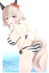 Rule 34 | 1girl, alternate costume, animal ears, ass, bikini, border, bow, breasts, commentary request, curren chan (umamusume), ear bow, ear covers, from behind, grey hair, gurukorian, highres, horse ears, horse girl, horse tail, large breasts, light blush, looking at viewer, nape, partially submerged, purple eyes, red bow, short hair, side-tie bikini bottom, sideboob, simple background, smile, solo, striped bikini, striped clothes, swimsuit, tail, umamusume, water, white background, white border