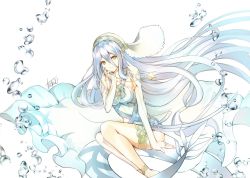 Rule 34 | 1girl, atoatto, azura (fire emblem), blue hair, closed mouth, dress, elbow gloves, fingerless gloves, fire emblem, fire emblem fates, gloves, hair between eyes, jewelry, long hair, nintendo, pendant, signature, simple background, smile, solo, veil, white background, white dress, white gloves, yellow eyes
