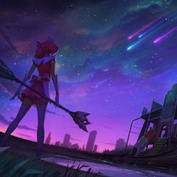 Rule 34 | 1girl, alternate costume, commentary, league of legends, lux (league of legends), magical girl, night, night sky, official art, playground, scenery, shooting star, sky, skyline, star guardian (league of legends), star guardian lux, thighhighs, wand, zettai ryouiki