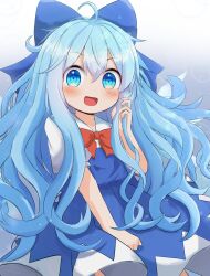 Rule 34 | 1girl, ahoge, alternate hair length, alternate hairstyle, blue bow, blue dress, blue eyes, blue hair, blush, bow, cirno, collared shirt, coruthi, dress, fairy, hair between eyes, hair bow, highres, ice, ice wings, long hair, looking at viewer, open mouth, puffy short sleeves, puffy sleeves, shirt, short sleeves, smile, solo, touhou, white shirt, wings
