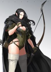 Rule 34 | 1girl, arrow (projectile), belt, black hair, blue eyes, boots, bow, bow (weapon), breasts, bridal gauntlets, cape, covered navel, earrings, elf, high heel boots, high heels, highres, hong soon-jae, hoop earrings, jewelry, large breasts, leotard, lips, long hair, looking at viewer, original, pointy ears, puffy sleeves, quiver, serious, simple background, solo, thigh boots, thighhighs, very long hair, weapon, white background