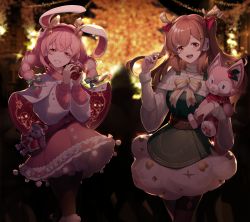 Rule 34 | 2girls, absurdres, animal ears, blush, braid, brown eyes, brown hair, christmas, dress, fake antlers, han (ozrfour), highres, jewelry, long hair, looking at viewer, multiple girls, nanami (virtuareal), necklace, night, nijisanji, open mouth, pink eyes, pink hair, playing with own hair, rabbit ears, smile, standing, stuffed animal, stuffed toy, twintails, virtual youtuber, virtuareal