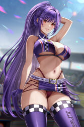 Rule 34 | 1girl, arm up, bare shoulders, belt, belt buckle, breasts, buckle, checkered clothes, cleavage, commission, gloves, highleg, highleg panties, highres, large breasts, long hair, midriff, mole, mole under eye, navel, nori chazuke, original, panties, ponytail, purple gloves, purple hair, purple skirt, purple thighhighs, race queen, red eyes, skeb commission, skirt, thighhighs, underwear, very long hair