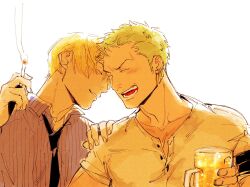 Rule 34 | 2boys, alcohol, beard, beer, beer mug, black necktie, blonde hair, cigarette, closed eyes, colored skin, cup, earrings, facial hair, flustered, grabbing another&#039;s shoulder, green hair, highres, holding, holding cigarette, holding cup, implied yaoi, jewelry, kzwtr8, male focus, mature male, mug, multiple boys, necktie, one piece, roronoa zoro, sanji (one piece), shirt, short hair, simple background, single earring, smile, tan, teeth, white background, white shirt, white skin