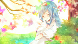 Rule 34 | bad id, bad pixiv id, blue hair, blush, bug, rabbit, butterfly, happy, heca, insect, long hair, nature, smile, solo