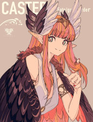 Rule 34 | 1girl, bare shoulders, blue eyes, brown background, brown wings, circe (fate), closed mouth, cogecha, commentary request, copyright name, dress, fate/grand order, fate (series), feathered wings, fingernails, flat color, head wings, headpiece, highres, long hair, nail polish, orange hair, pointy ears, red nails, ruffling hair, simple background, sleeveless, sleeveless dress, smile, solo, very long hair, white dress, white wings, wings