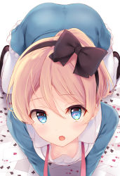 1girl, :o, all fours, bangs, black bow, black hairband, blonde hair, blue dress, blue eyes, blush, bow, brown footwear, card, commentary request, dress, eyebrows visible through hair, fang, frilled dress, frills, hair between eyes, hairband, highres, komone ushio, looking at viewer, open mouth, original, playing card, shirt, solo, white legwear, white shirt