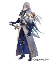 Rule 34 | 1boy, armored boots, boots, character request, closed mouth, coat, company name, copyright notice, gauntlets, hand on hilt, long hair, official art, orange eyes, pointy ears, ponzu (catponz), shadowverse, side cape, silver hair, simple background, solo, standing, sword, weapon, white background