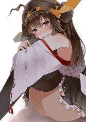 Rule 34 | 10s, 1girl, ahoge, bad id, bad pixiv id, bare shoulders, blush, boots, brown hair, commentary, crying, crying with eyes open, detached sleeves, frilled skirt, frills, hair ornament, hairband, headgear, japanese clothes, kantai collection, kitsuneko azarashi, kongou (kancolle), hugging own legs, long hair, looking at viewer, nontraditional miko, personification, pleated skirt, ribbon-trimmed sleeves, ribbon trim, skirt, solo, tears, thigh boots, thighhighs, wavy mouth, zettai ryouiki
