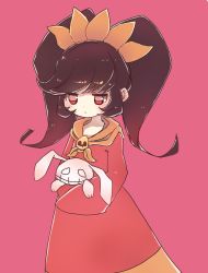 Rule 34 | 1girl, ashley (warioware), black hair, closed mouth, dress, flat chest, frown, hairband, highres, holding, holding stuffed toy, long hair, long sleeves, nintendo, orange hairband, pink background, red dress, red eyes, simple background, skull, sleeves past fingers, sleeves past wrists, solo, stuffed animal, stuffed rabbit, stuffed toy, twintails, warioware, yuukichi (yu kiti27)