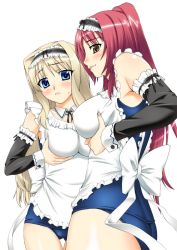 Rule 34 | 00s, 2girls, apron, blonde hair, blush, breasts, detached sleeves, grabbing, grabbing another&#039;s breast, grabbing own breast, kousaka tamaki, kusugawa sasara, maid headdress, multiple girls, one-piece swimsuit, school swimsuit, simple background, smile, sweatdrop, swimsuit, swimsuit under clothes, to heart (series), to heart 2, unagimaru